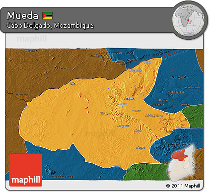 Political 3D Map of Mueda, darken