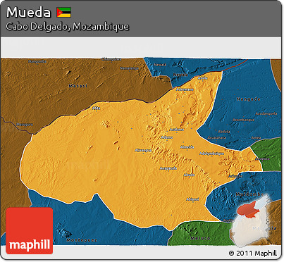 Political 3D Map of Mueda, darken