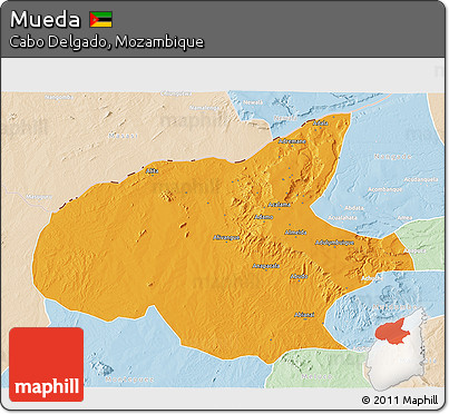Political 3D Map of Mueda, lighten