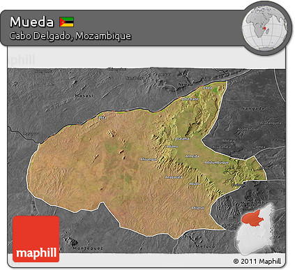 Satellite 3D Map of Mueda, darken, desaturated