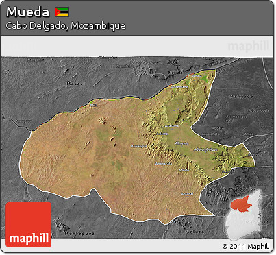 Satellite 3D Map of Mueda, darken, desaturated