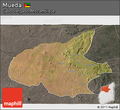 Satellite 3D Map of Mueda, darken, semi-desaturated