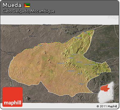 Satellite 3D Map of Mueda, darken, semi-desaturated