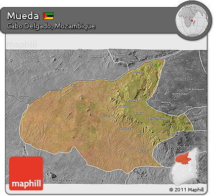 Satellite 3D Map of Mueda, desaturated