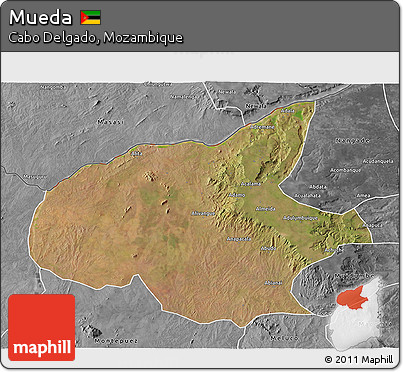 Satellite 3D Map of Mueda, desaturated