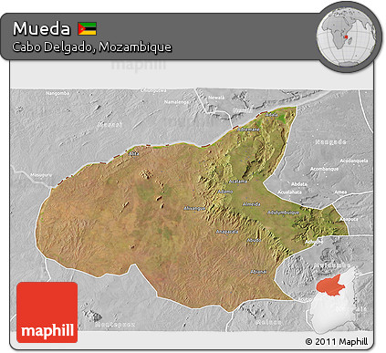 Satellite 3D Map of Mueda, lighten, desaturated