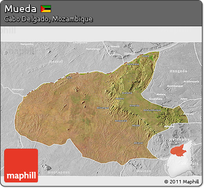 Satellite 3D Map of Mueda, lighten, desaturated