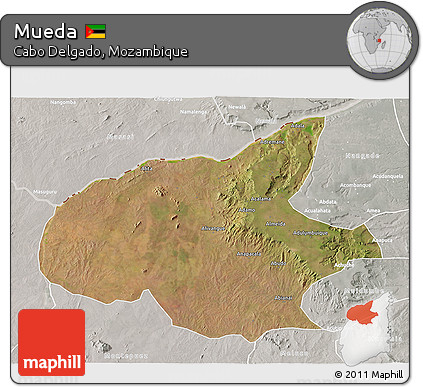 Satellite 3D Map of Mueda, lighten, semi-desaturated