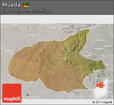 Satellite 3D Map of Mueda, lighten, semi-desaturated
