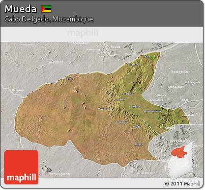 Satellite 3D Map of Mueda, lighten, semi-desaturated