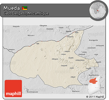 Shaded Relief 3D Map of Mueda, desaturated