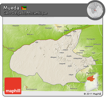 Shaded Relief 3D Map of Mueda, physical outside