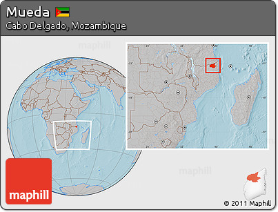 Gray Location Map of Mueda, within the entire country, hill shading