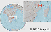 Gray Location Map of Mueda, within the entire country, hill shading