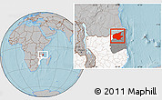 Gray Location Map of Mueda, highlighted country, highlighted parent region, hill shading