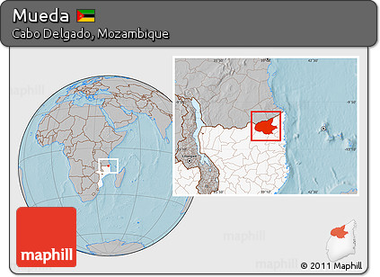 Gray Location Map of Mueda, highlighted country, hill shading