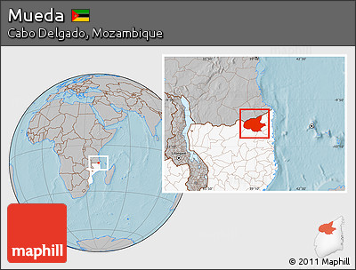 Gray Location Map of Mueda, highlighted country, hill shading