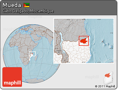 Gray Location Map of Mueda, highlighted country, hill shading