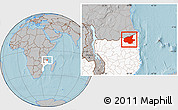 Gray Location Map of Mueda, highlighted country, hill shading