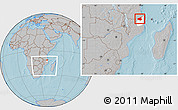 Gray Location Map of Mueda, highlighted parent region, within the entire country, hill shading
