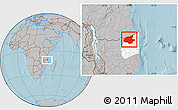 Gray Location Map of Mueda, highlighted parent region, hill shading