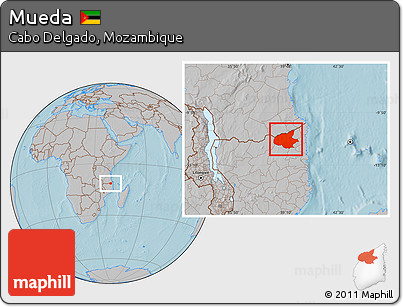 Gray Location Map of Mueda, hill shading