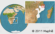 Satellite Location Map of Mueda, highlighted country, within the entire country
