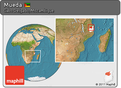 Satellite Location Map of Mueda, highlighted parent region, within the entire country