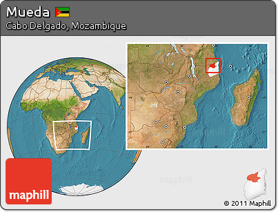 Satellite Location Map of Mueda, highlighted parent region, within the entire country
