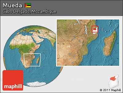 Satellite Location Map of Mueda, highlighted parent region, within the entire country