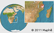 Satellite Location Map of Mueda, highlighted parent region, within the entire country