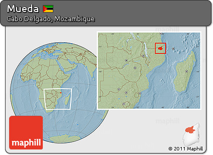 Savanna Style Location Map of Mueda, within the entire country, hill shading