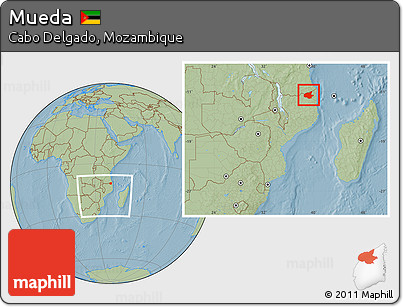 Savanna Style Location Map of Mueda, within the entire country, hill shading