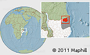 Savanna Style Location Map of Mueda, highlighted country, highlighted parent region, hill shading