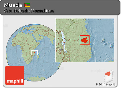 Savanna Style Location Map of Mueda, hill shading