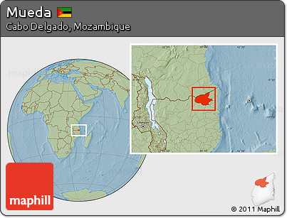 Savanna Style Location Map of Mueda, hill shading