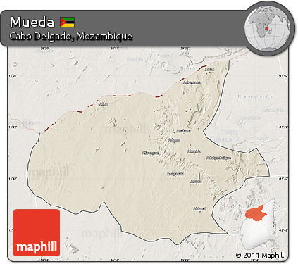 Shaded Relief Map of Mueda, lighten