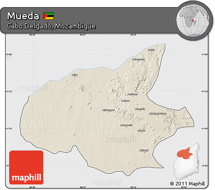 Shaded Relief Map of Mueda, single color outside
