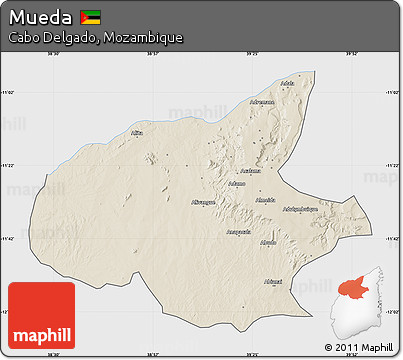 Shaded Relief Map of Mueda, single color outside