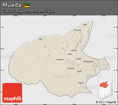 Shaded Relief Map of Mueda, single color outside