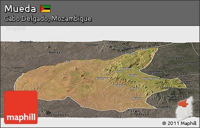Satellite Panoramic Map of Mueda, darken, semi-desaturated
