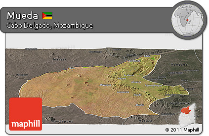 Satellite Panoramic Map of Mueda, darken, semi-desaturated