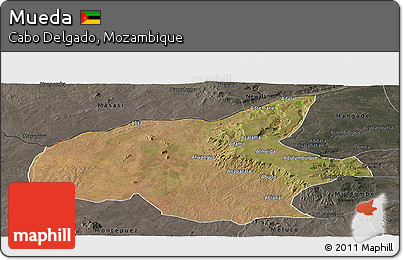 Satellite Panoramic Map of Mueda, darken, semi-desaturated
