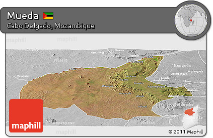 Satellite Panoramic Map of Mueda, lighten, desaturated