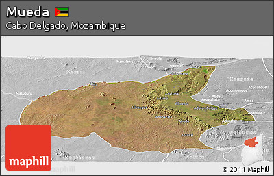 Satellite Panoramic Map of Mueda, lighten, desaturated