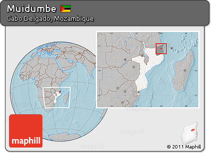 Gray Location Map of Muidumbe, highlighted country, highlighted parent region, within the entire country, hill shading