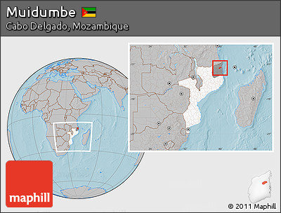 Gray Location Map of Muidumbe, highlighted country, highlighted parent region, within the entire country, hill shading