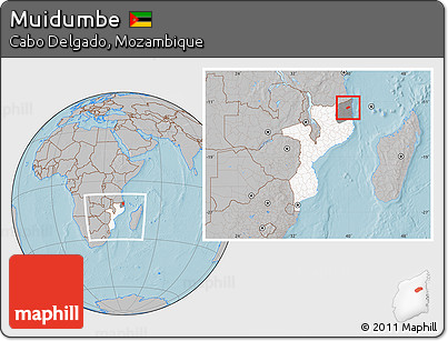 Gray Location Map of Muidumbe, highlighted country, highlighted parent region, within the entire country, hill shading