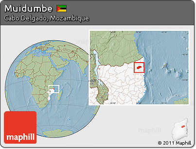Savanna Style Location Map of Muidumbe, highlighted country, hill shading