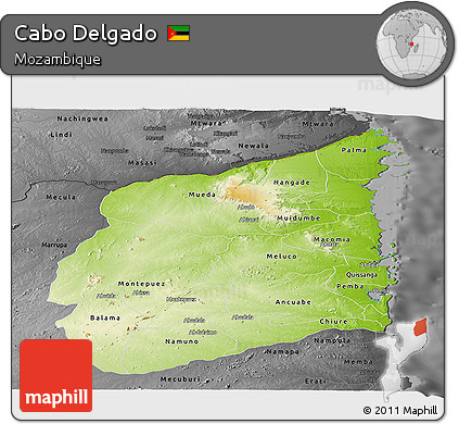 Physical Panoramic Map of Cabo Delgado, darken, desaturated